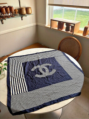 Chanel CC Logo Striped Silk Square Scarf Blue & White